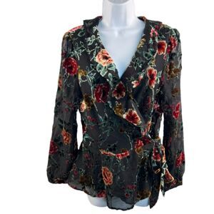Lavender Brown Floral Velvet Burnout Wrap Top Black Sheer Long Sleeve Top Size L